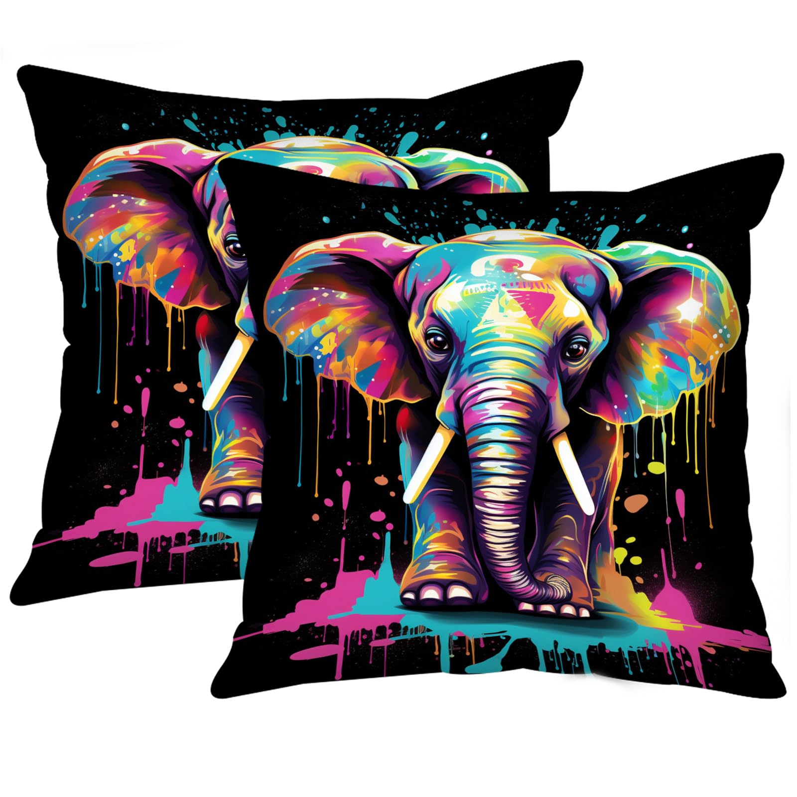Tucocoo 2 Pcs Elephant Pillow Covers Square Pillow Cushion Cover 18x18 Inch, Cute Animal Art Pillow Cases Modern Decorative Graffiti Style Pillowcase for Sofa Couch Car Bedroom Living Room Decor