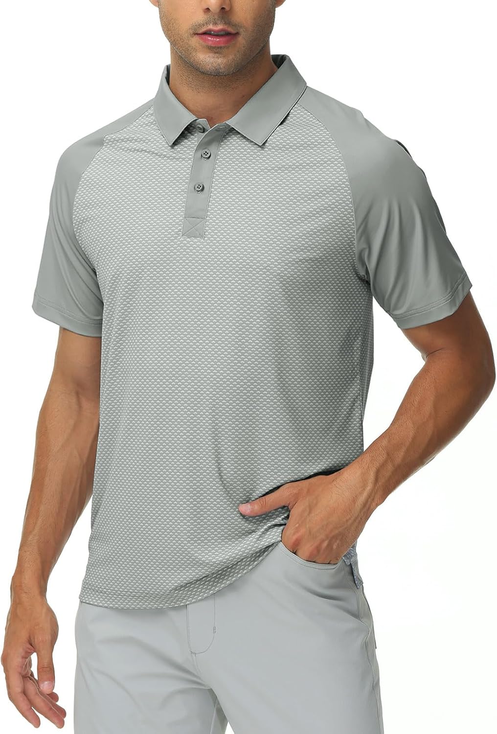 Rdruko Men's Golf Polo Shirts Dry Fit Short Sleeve Print Performance Moisture Wicking Collared Casual Fashion T Shirt Light Gray Large