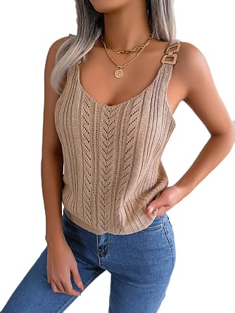 Womens Crochet Tank Tops Sexy V-Neck Knit Vest Hollow Out Sleeveless Summer Boho Top Pullover