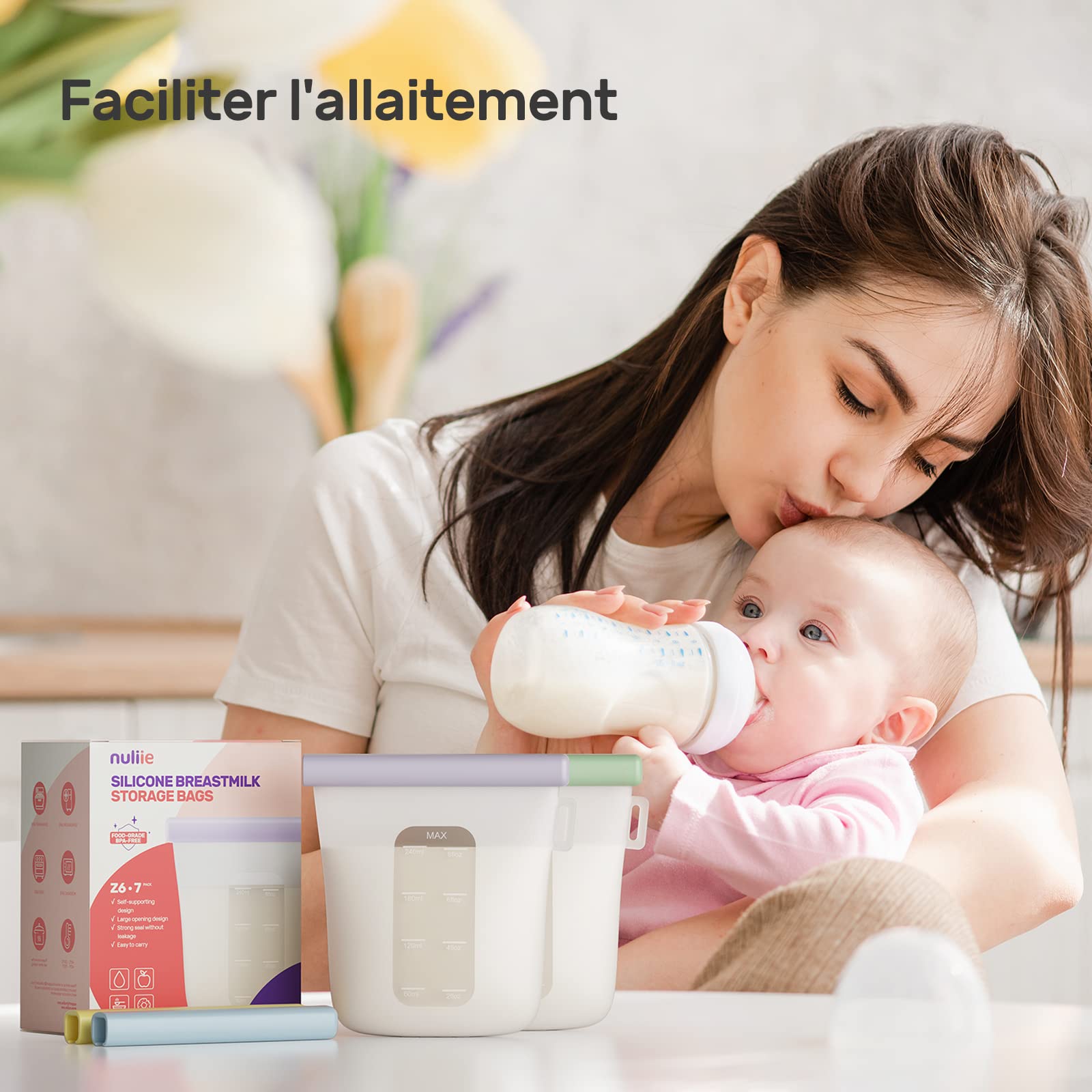 Nuliie Silicone Sachet Conservation Lait Maternelle Lot de 7, Doublement Étanches Sac Congelation Lait Maternel, Sans BPA Sacs à Lait Autoportants de 8oz/240ml pour L'allaitement