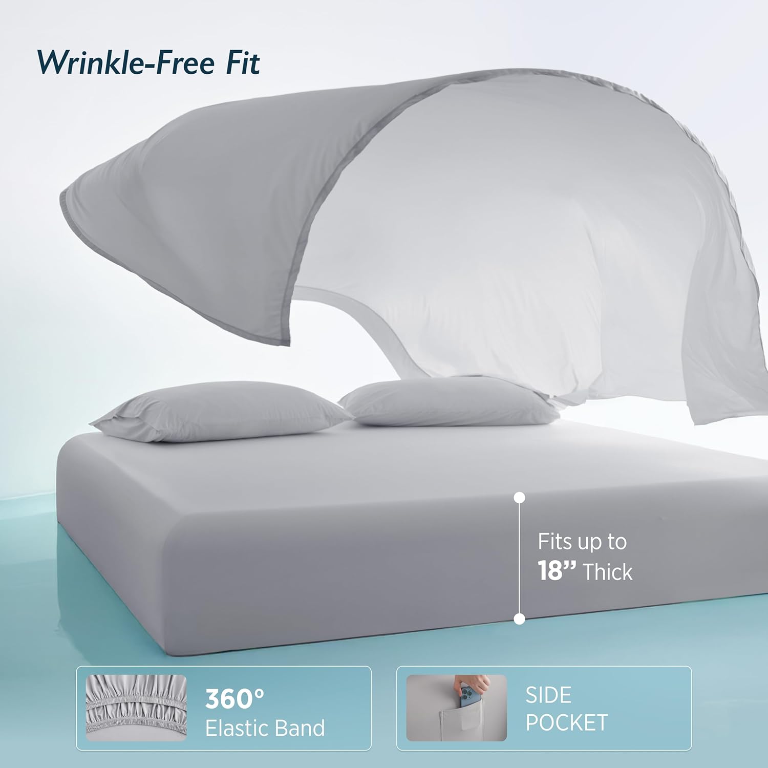 Breescape Cooling Sheet Set King Size - BlendTek™ Dry & Cool Technology for Hot Sleepers and Night Sweats, Q-Max>0.46 Tech, Deep Pocket Up to 18", 360° Elastic Band, Misty Gray - Image 6