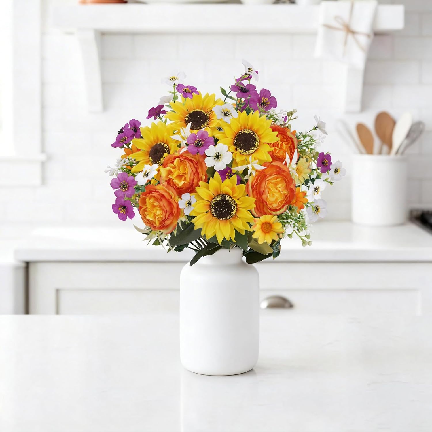 2Pcs 14.17" Artificial Sunflower Bouquet Summer Artificial Cemetery Flowers for Grave Vase with Peonies Silk Spring Floral Arrangements for Home Table Centerpieces Cemetery Wedding Decorations