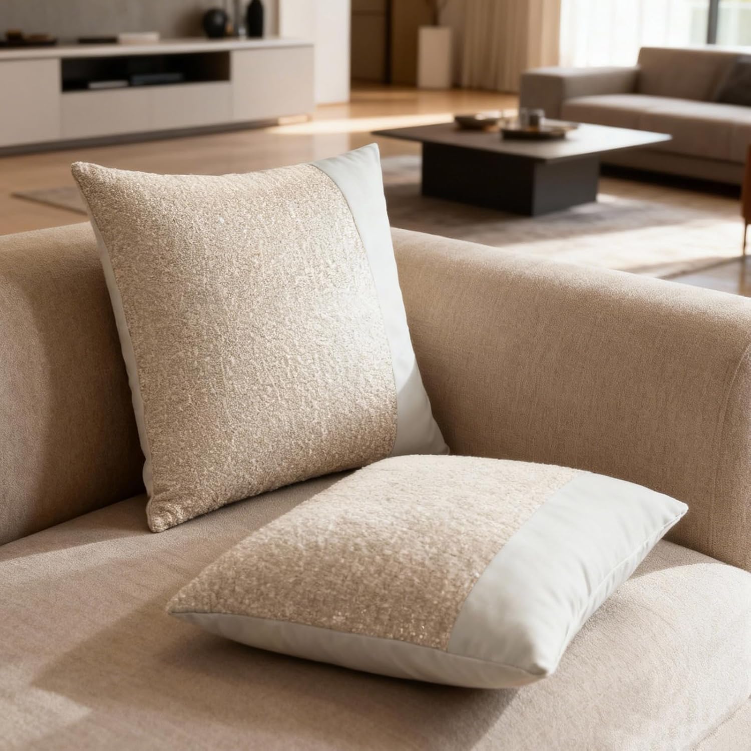 Faux Leather Fluffy Boucle Throw Pillow Covers 18X18 Inch Set of 2 White Outdoor Modern Farmhouse Solid Decorative Pillow Covers for Room Couch Living Bedroom Bed Sofa