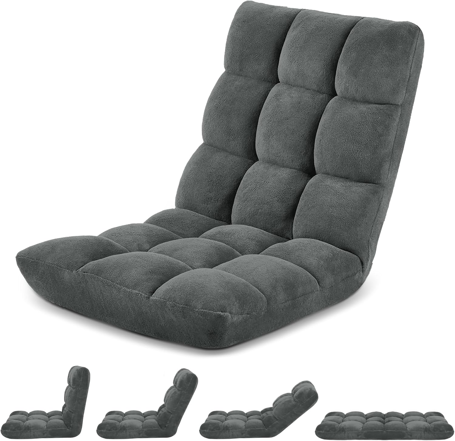 Folding Floor Chair with Back Support for Adults, Adjustable Japanese Meditation; Portable Gaming Chair Recliner Seat with Comfy Cushion, for Teens, Light Grey