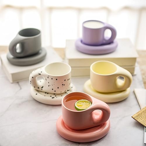Miniatura 6 de Taza de café de cerámica, novedoso y encantador juego de tazas de café de cerámica, taza de nube con platillo, apta para microondas y lavavajillas,