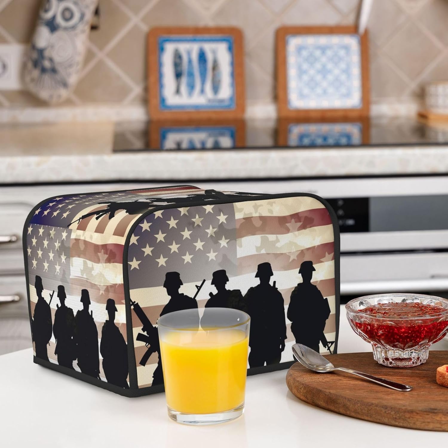 Armed Forces Day American Toaster Cover 4 slice Kitchen Small Appliance Covers with Pockets Toaster Dust Cover with Top Handle Oven Cover Washable Universal Bread Maker Cover for Kitchen
