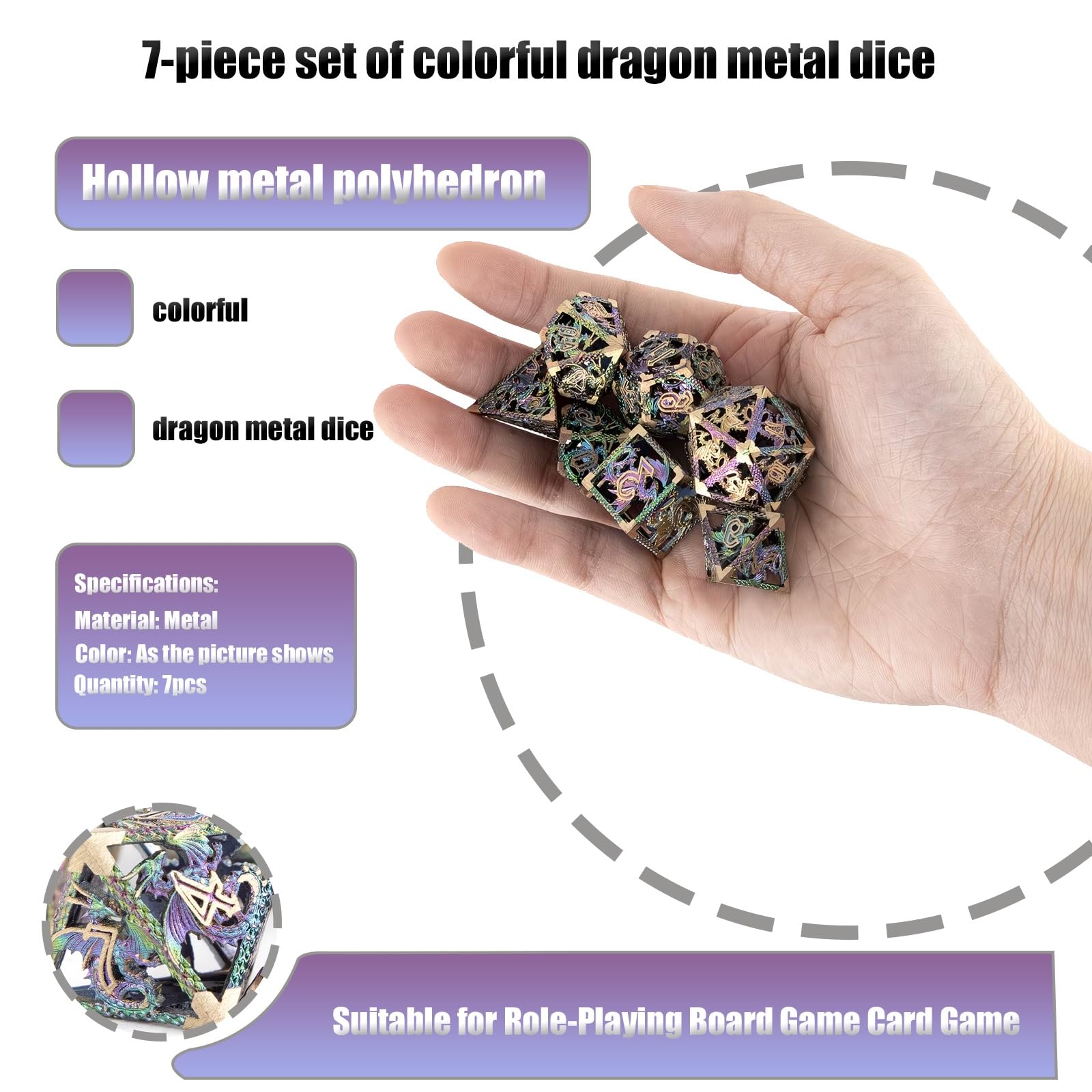 Ensemble de 7 Dés en Métal Colorés en Forme de Dragon, Polyèdres Creux, Compatibles avec Les Jeux de Rôle, Les Jeux de Plateau et Les Jeux de Cartes