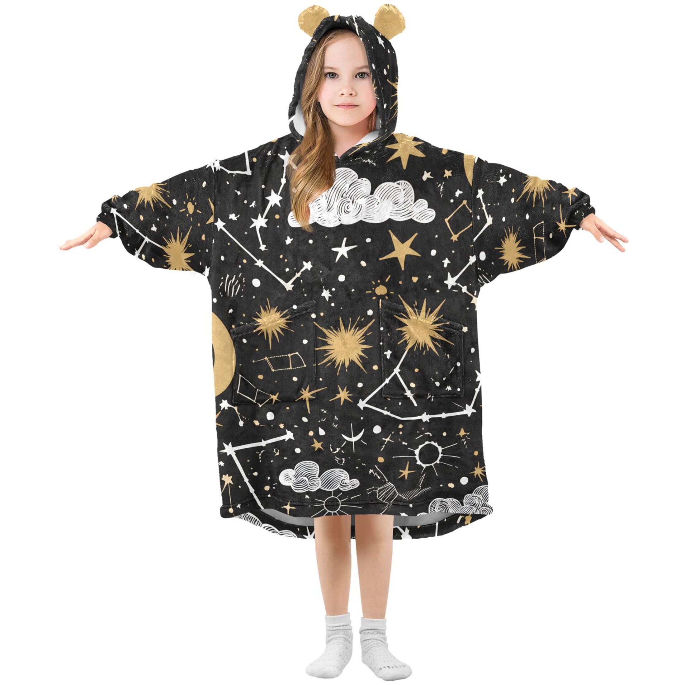 Sevdomey Celestial Stars Wearable Blankets for Kids Boy Girl, Hoodie Double-Layer Blanket Oversized Sweatshirt