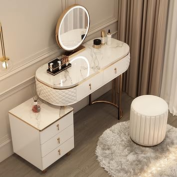 Makeup Vanity Desk Mirror with LED Light, Dressing Table with 3 Colors Adjustable Touch Light, Vanity with Drawers and Cushion Stool for Bedroom Living Room Color White B, Size 1