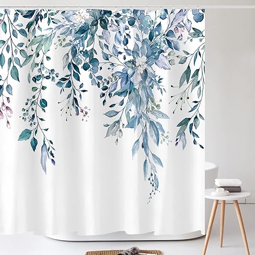 Vista 392 de Tititex - Juego de cortinas de ducha de eucalipto verde oliva, hojas de acuarela en la parte superior con decoración floral de baño, 60 x 72 Hojas