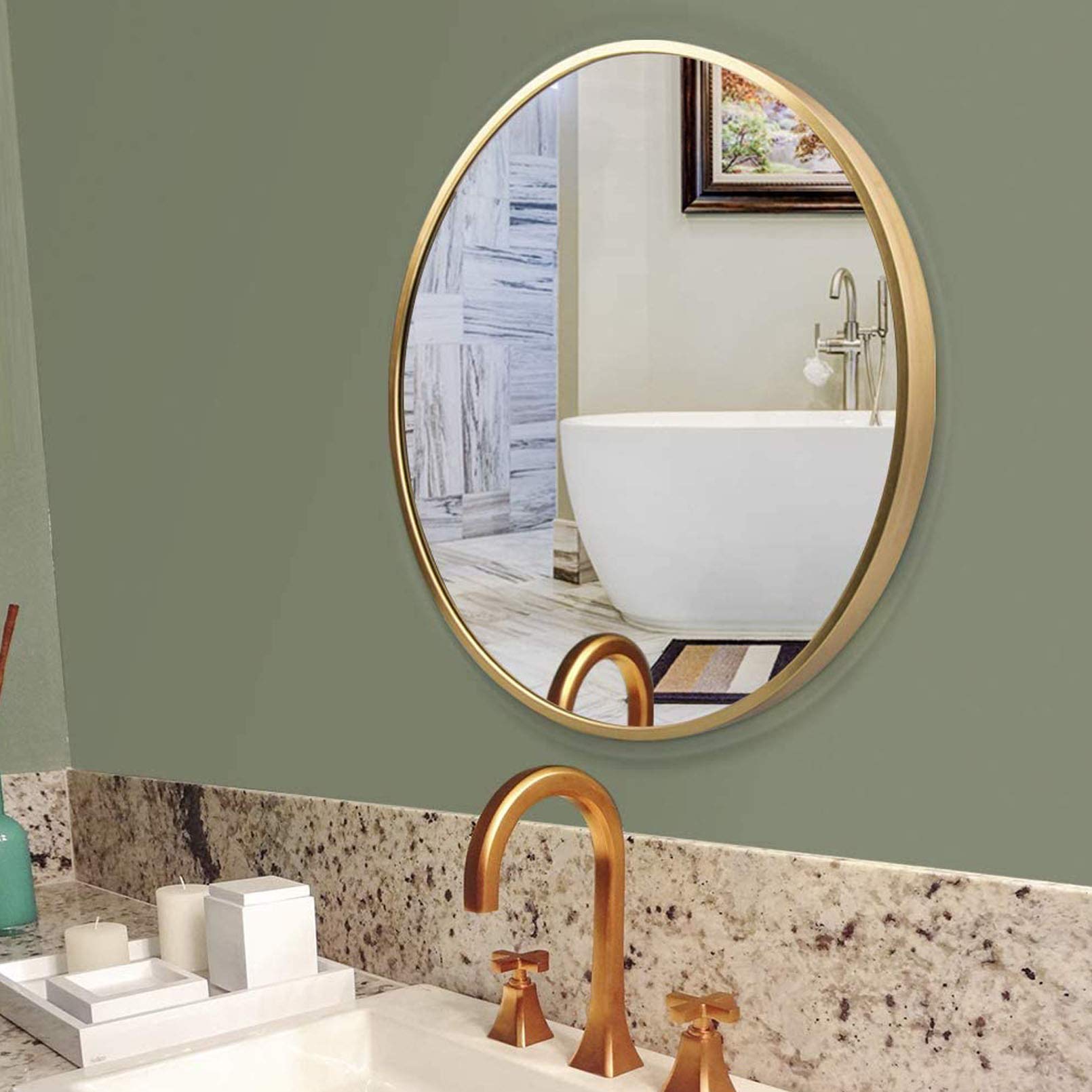 Miroir Rond doré 40 cm, Miroir de Salle de Bain avec Cadre en métal, Miroir Mural Circulaire, Miroir de courtoisie de décoration Moderne (Horizontal/Vertical
