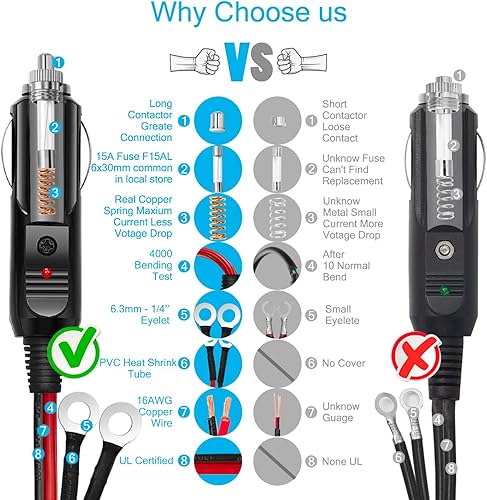 Miniatura 2 de Chanzon Enchufe de encendedor de cigarrillos macho a macho, 12 V24 V, 15 A, cable de carga resistente con protección LED y fusible, enchufe macho a