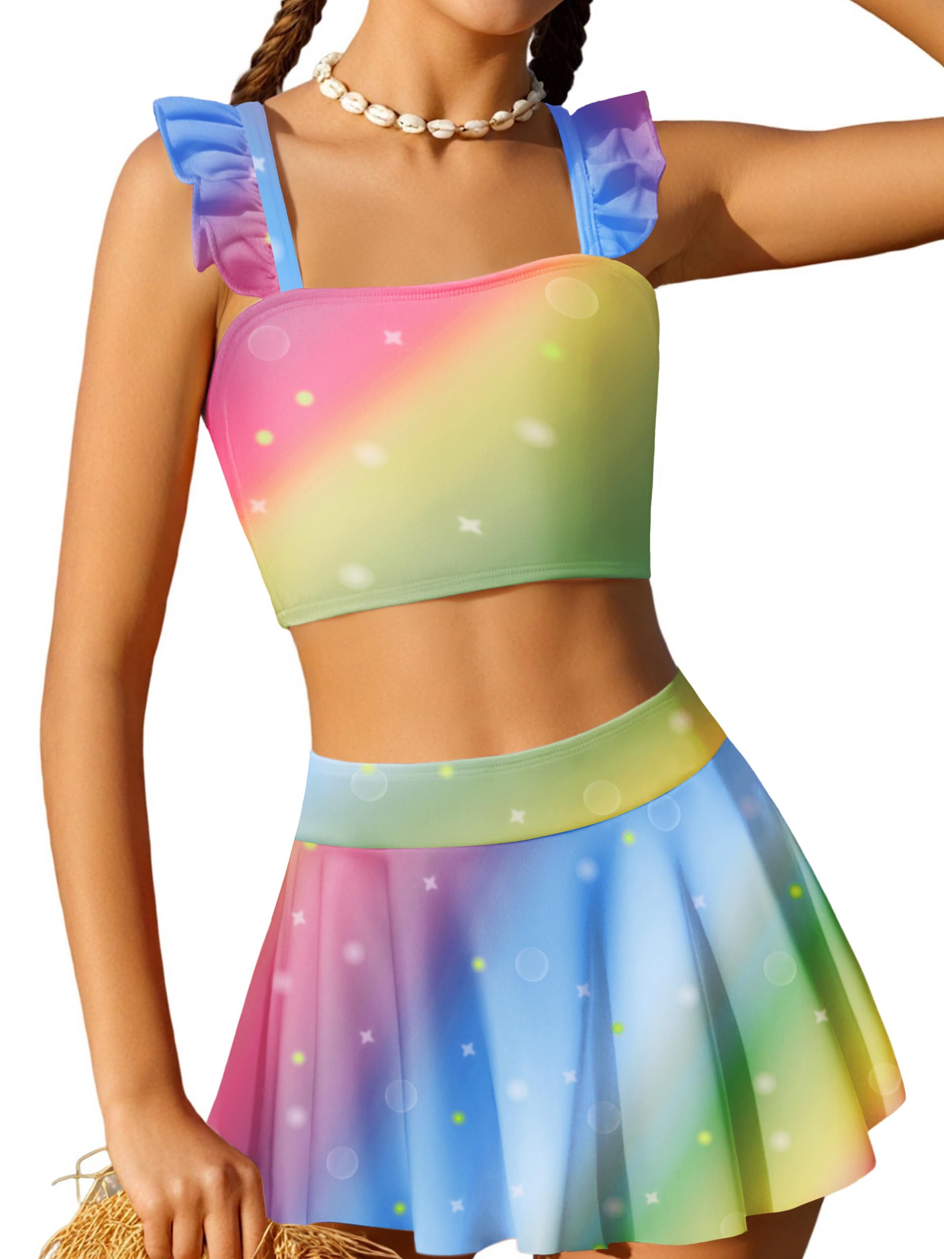 Arshiner Girls Swimsuit 3 Piece Bathing Suits Cute Bikini Tankini Sets Teen Ruffle Swimwear with Cover Up Skirt