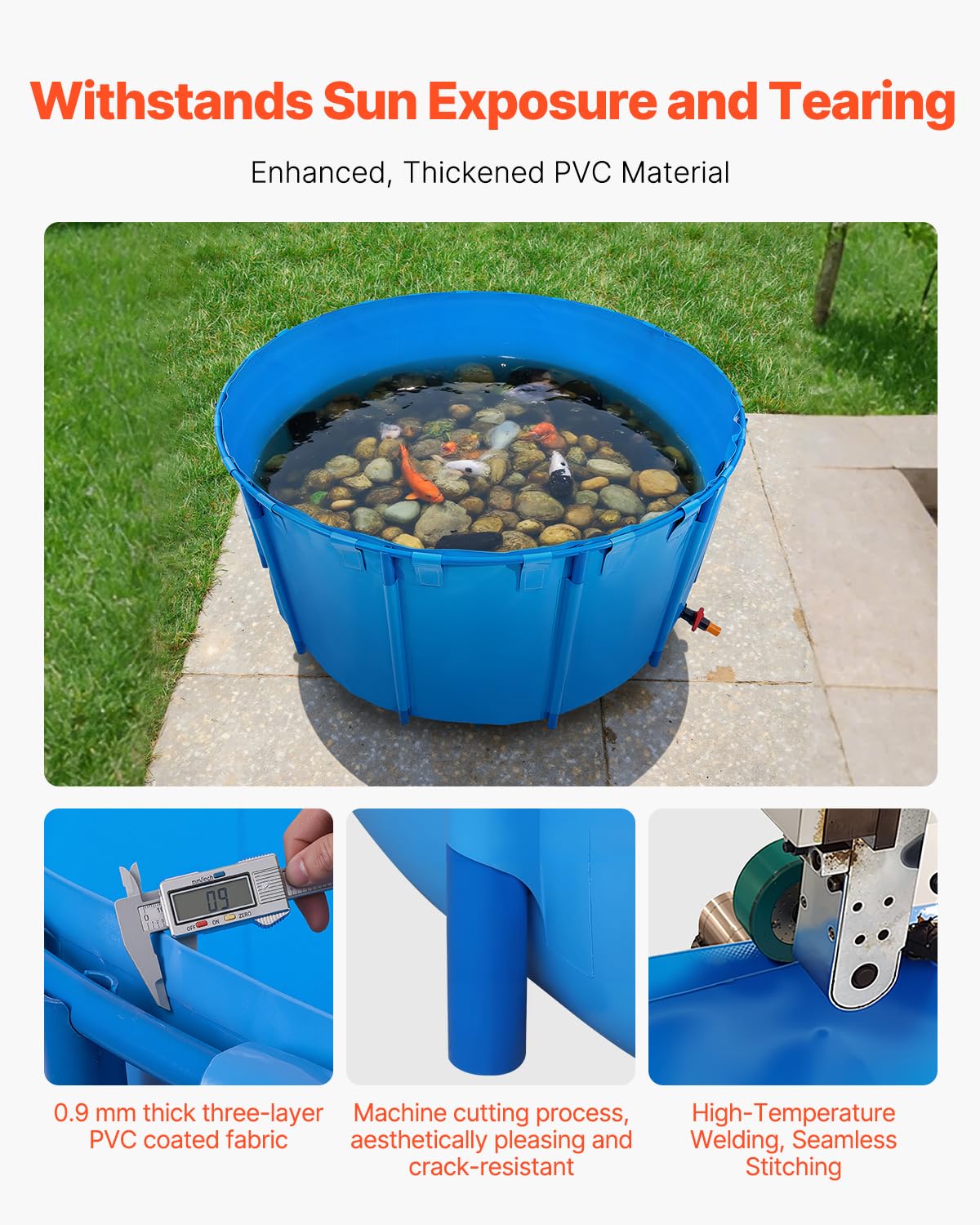 VEVOR Bassin à Poissons Hors Sol, Capacité 4550 L, Étang à Poissons en Toile PVC, avec Cadre Stable en Plastique et Vanne de Vidange, pour Aquaculture, Élevage de Poissons Rouges, Carpes, Koïs, Bleu