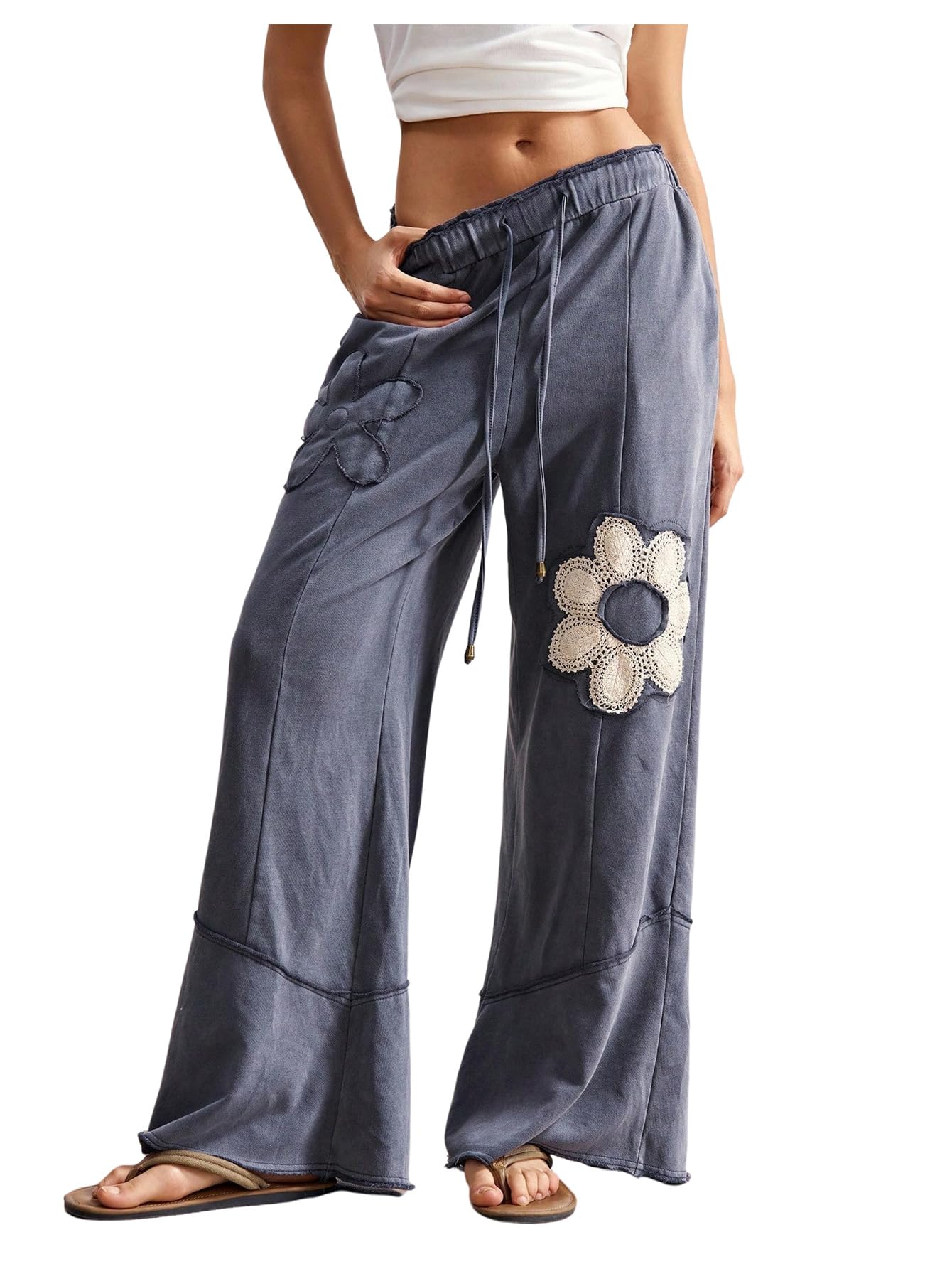Womens Floral Patchwork Pants Wide Leg Baggy Pants Drawstring Waist Long Trousers with Pockets