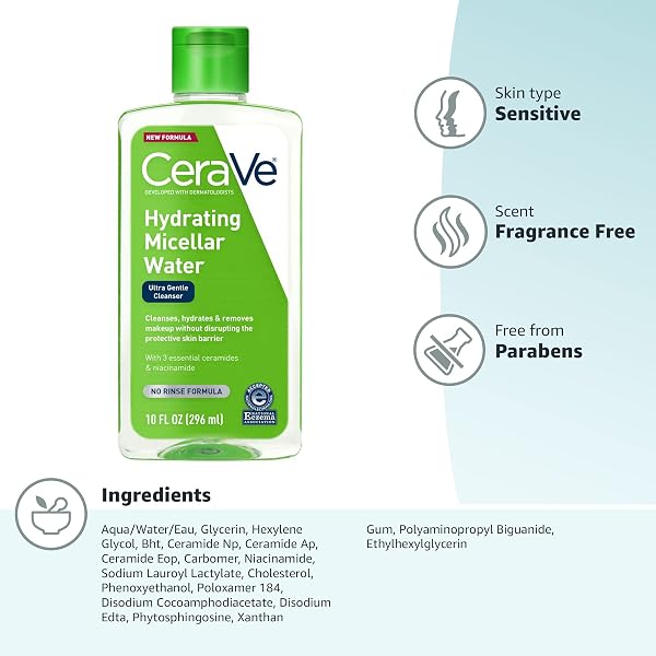 CeraVe Micellar Water, Hydrating Facial Cleanser & Eye Makeup Remover with Niacinamide, Ceramides & Glycerin, Fragrance-