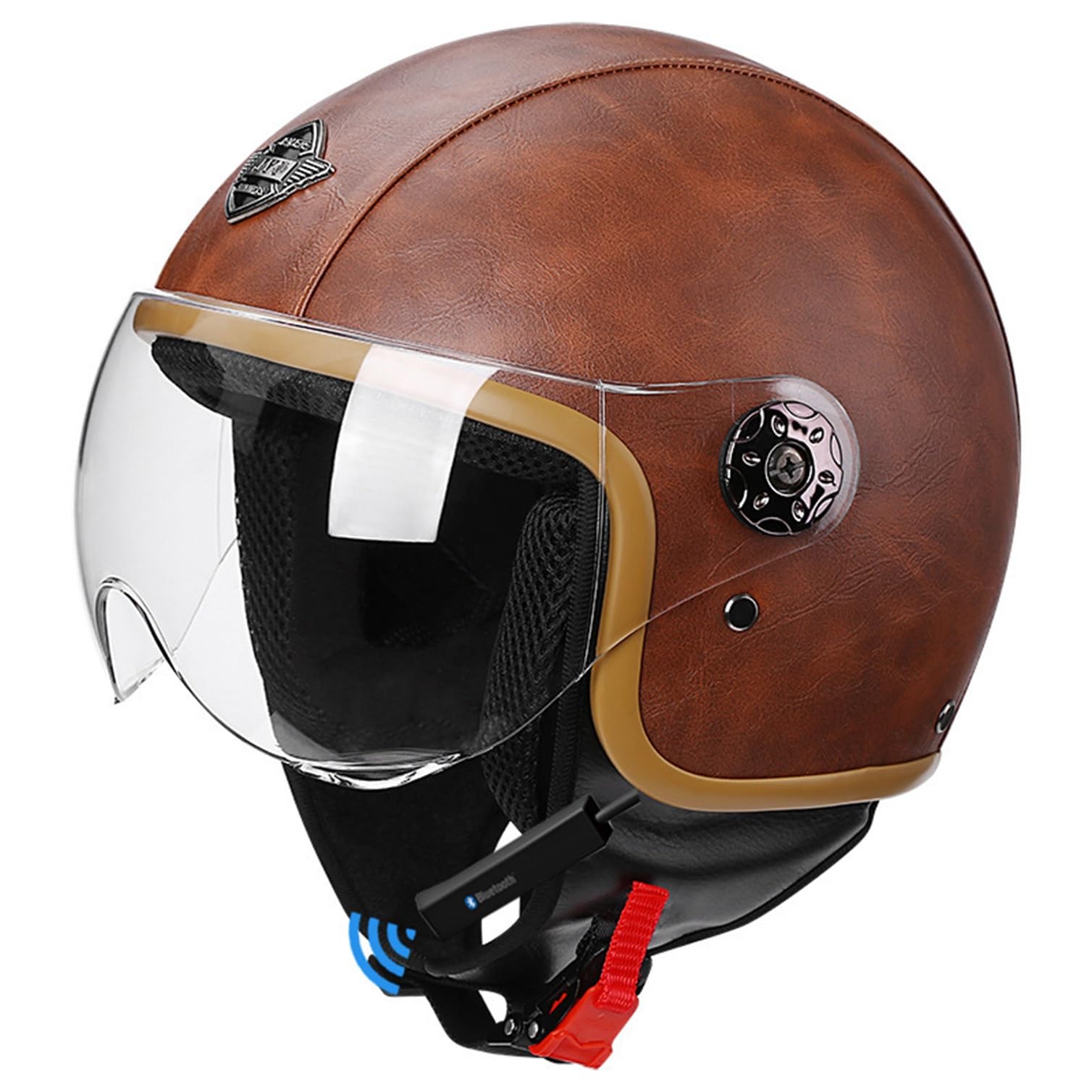 Casque moto jet vintage cuir Bluetooth demi casque bol M