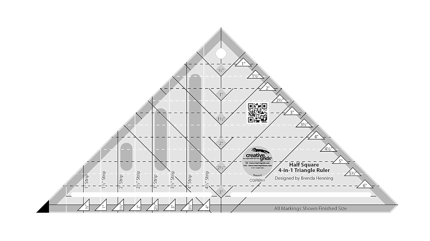 Creative Grids Half Square 4-in-1 Triangle Quilt Ruler – CGRBH1 – Made in USA, 5-1/2in x 10-1/2in, Non-Slip Grip Acrylic Quilting, Sewing, Crafting, Patchwork Ruler & Template