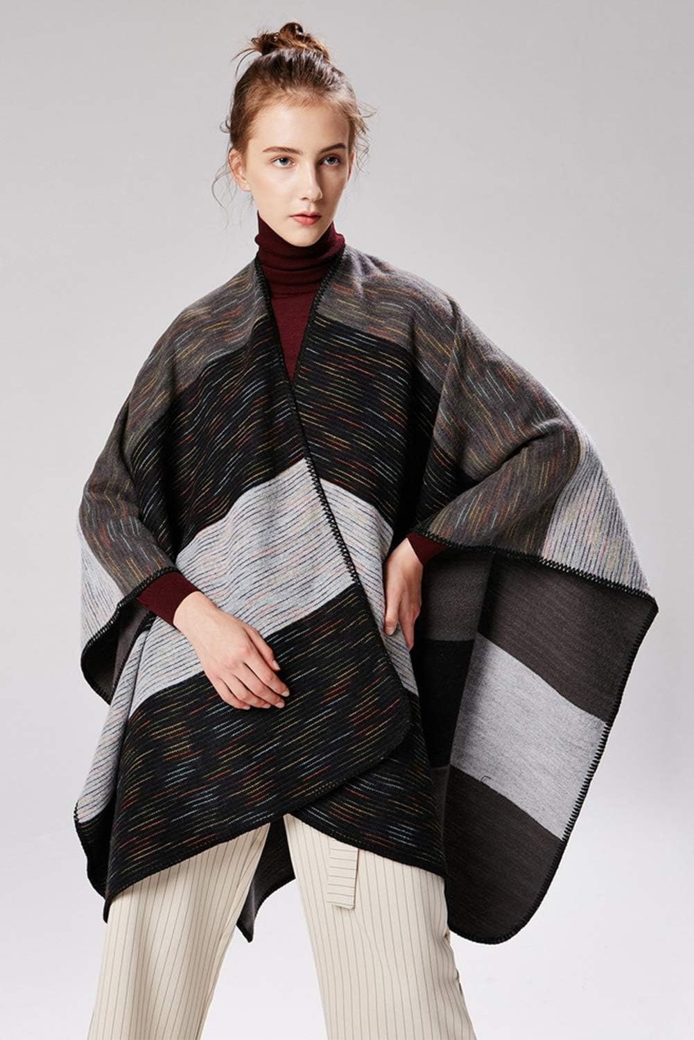 Lncropo Women's Shawls Wraps Winter Open Front Poncho Cape Oversized Cardigan Sweater - Image 2