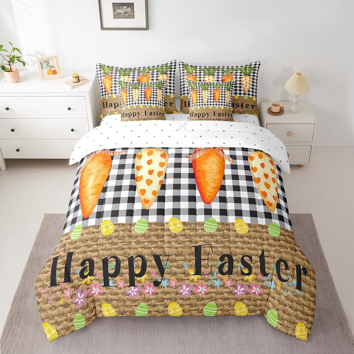 Happy Easter Bedding Set Queen Size,Cartoon Carrot Eggs 7Pcs Comforter Set,Black White Grid Patchwork Brown Flat Fitted Sheet for Kids Girls Boys Women Room Decor,Cartoon Carrot Bed in a Bag