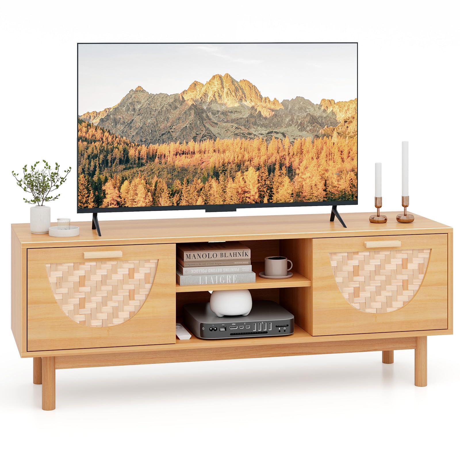 COSTWAY Meuble TV En Bois Bohème 120 Cm - 2 Tiroirs Bambou Tressé, 2 Étagères Ouvertes, Pour TV Jusqu'à 55 Pouces
