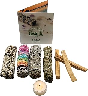 Smudge Kit Spiritual Set - White Sage, Cedar, 7 Chakra Sage, Yerba Santa, Palo Santo, Sandalwood T-Lite Candle - for Purif...
