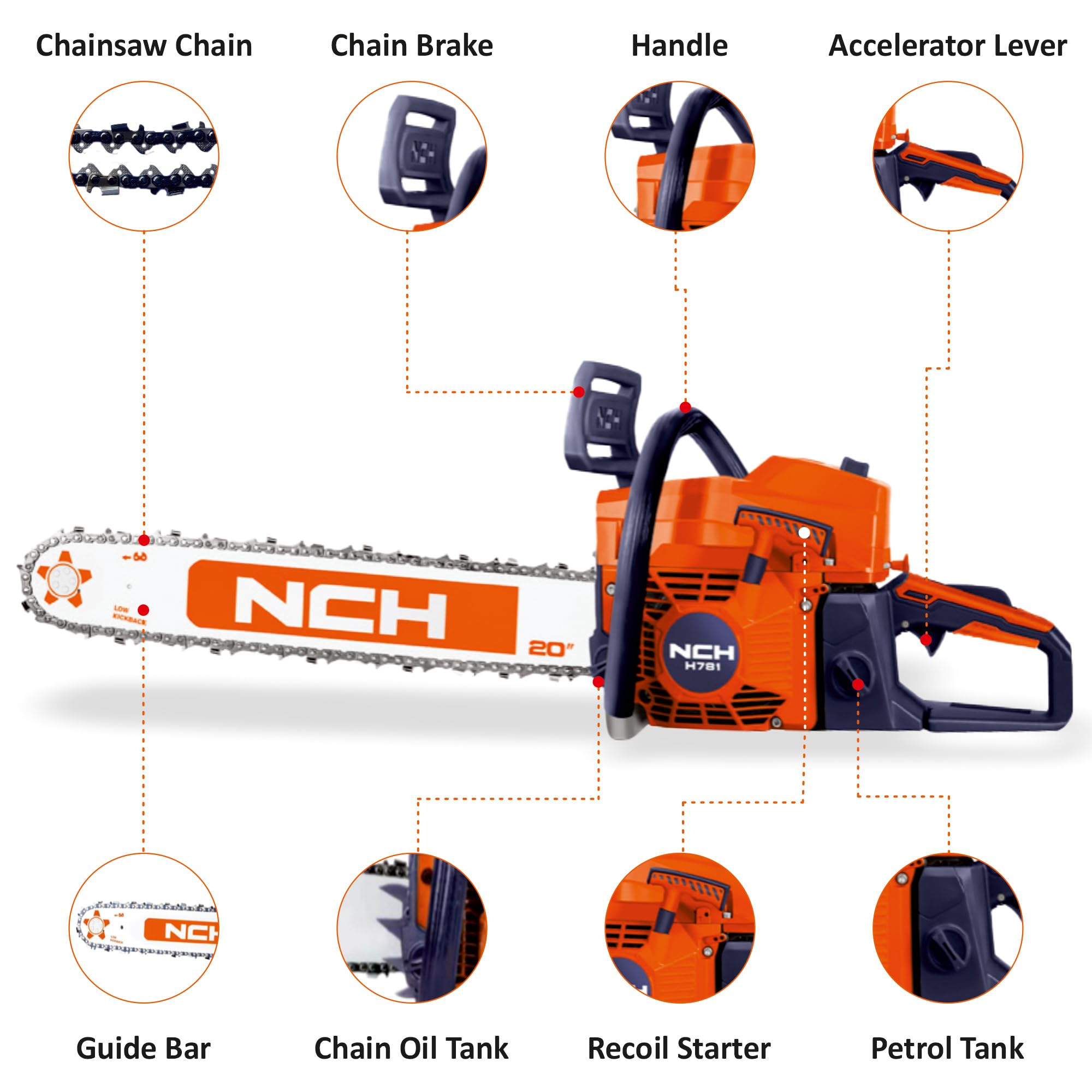 NCH Chain Saw Heavy Duty with 68CC 2 Stroke 3.2KW Petrol Engine