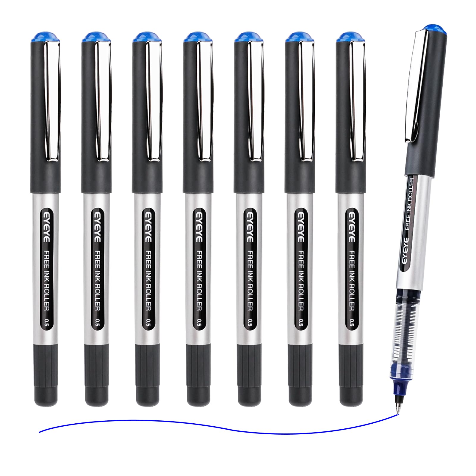 EYEYELiquid Ink Rollerball Pens, 0.5mm Extra Fine Point Tip, 8 Pack Blue Rollerball Pens Quick Drying, Rolling Pen Smooth Writing for Journaling, Note Taking, Office and School Supplies
