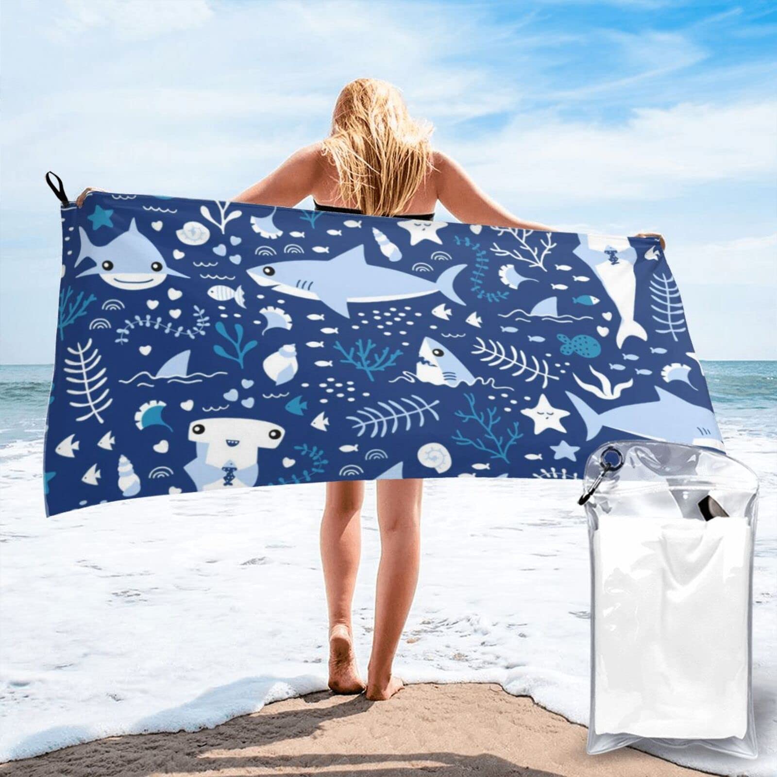 Lawenp Marine Life and Sharks Microfiber Beach Towel Adults Large Quick Drying Bath Towel Travel Towels with Pouch 31.5"x63"