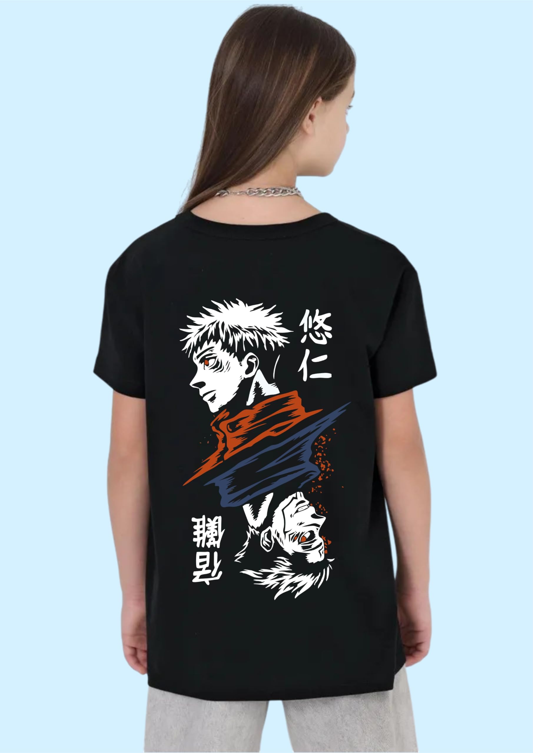 Uniplanet Store® Camiseta negra de mezcla de algodón con media manga, ajuste regular, estampado de anime Jujutsu, para niñas