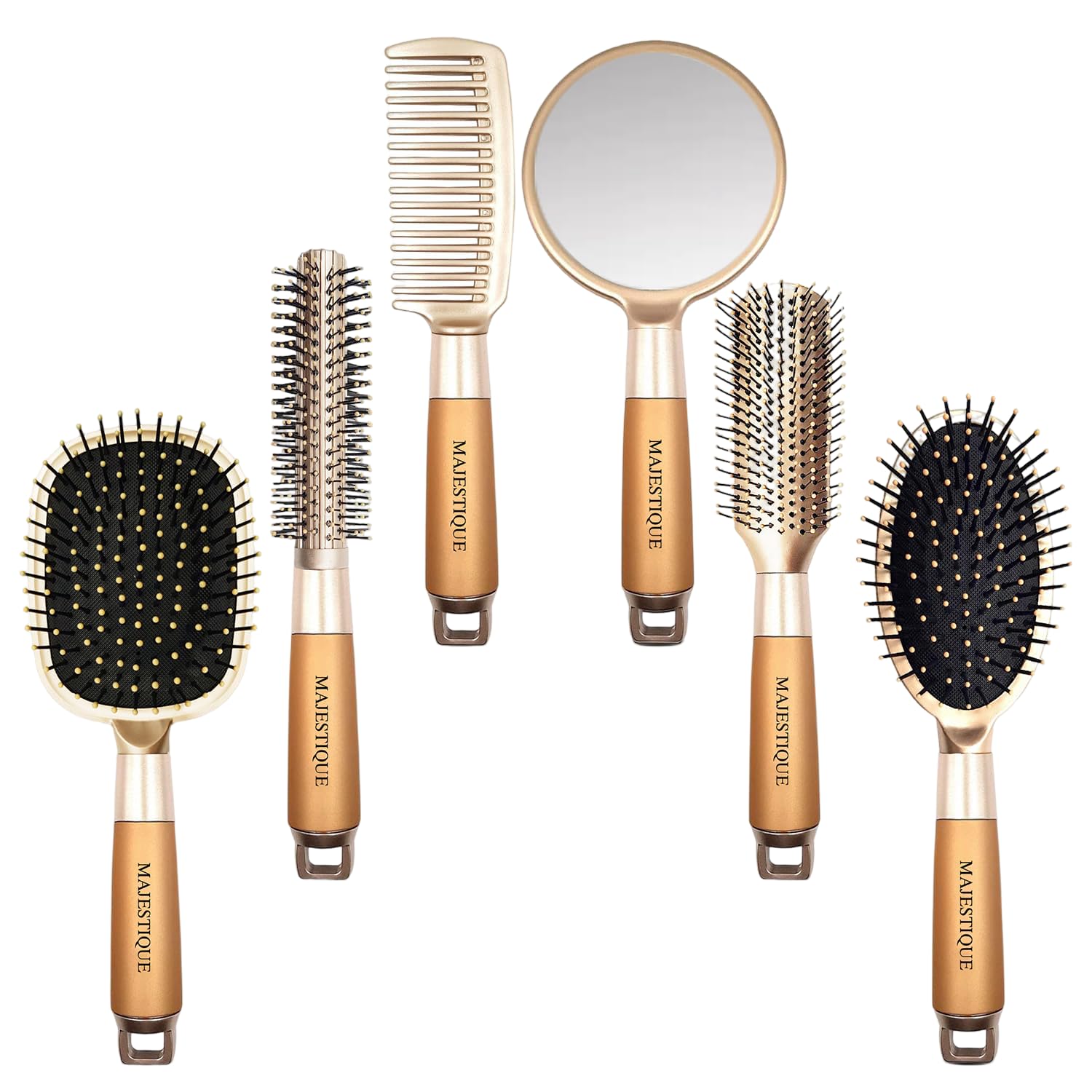 MAJESTIQUE 6 In 1 Hair Brush Set - Golden Series Styling Brush, Makeup Mirror & Wide Tooth Comb Hair Brush Combo for Women & Men, Great on Wet or Dry Hair, Hair Combo Set of 6Pcs-picture-20