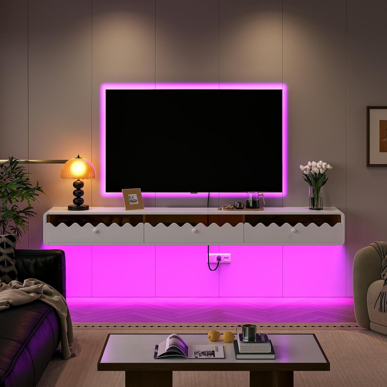 47'' Floating TV Stand with Glass Drawers and Door, Wall Mounted TV Console,Stylish Floatting Entertainment Center Media Console Under TV Shelf for Living Room Bedroom,Fully-Assembled