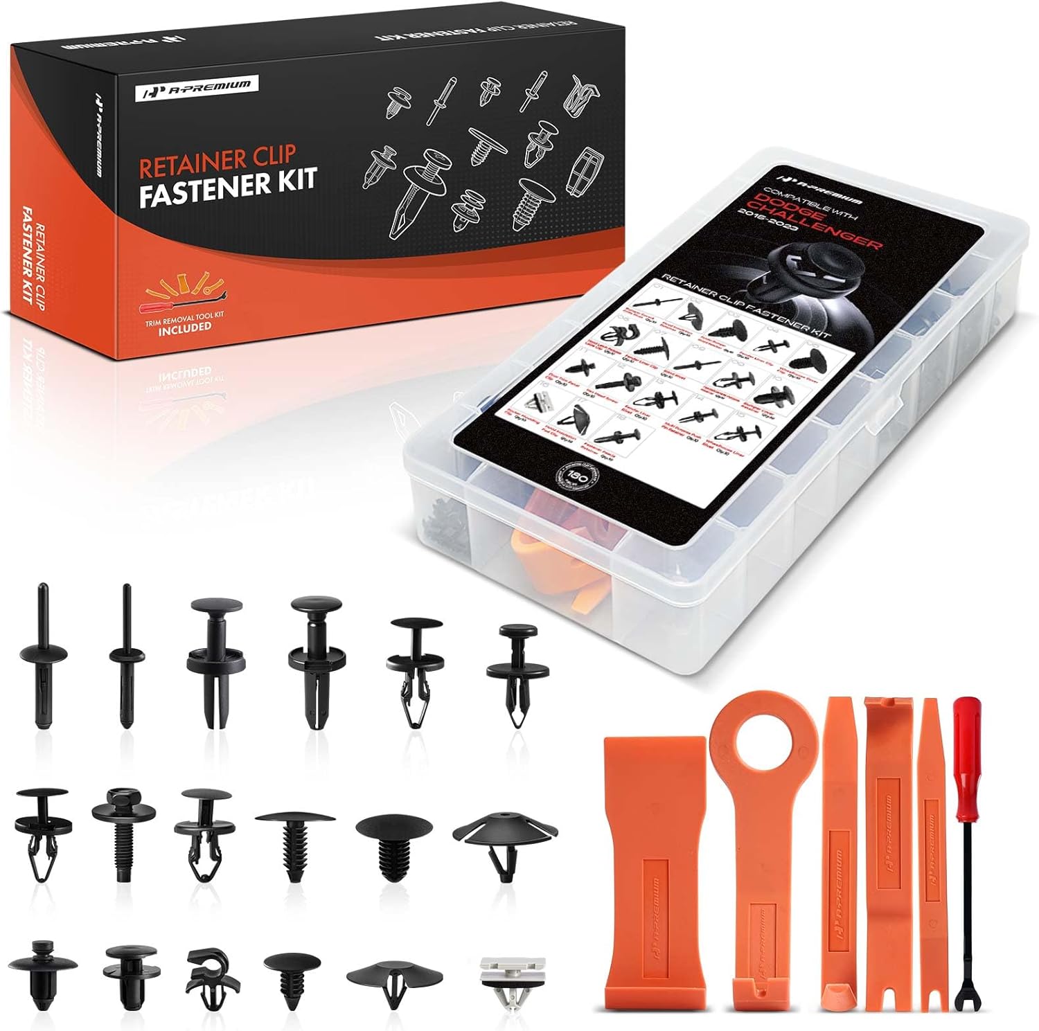 A-Premium 180 PCS 18 Sizes Car Retainer Clip Kit Compatible with Dodge Challenger 2015-2023, Bumper Fender Door Trim Panel Hood Auto Push Pin Plastic Rivet Fastener Replacement Set, w/Removal Tool