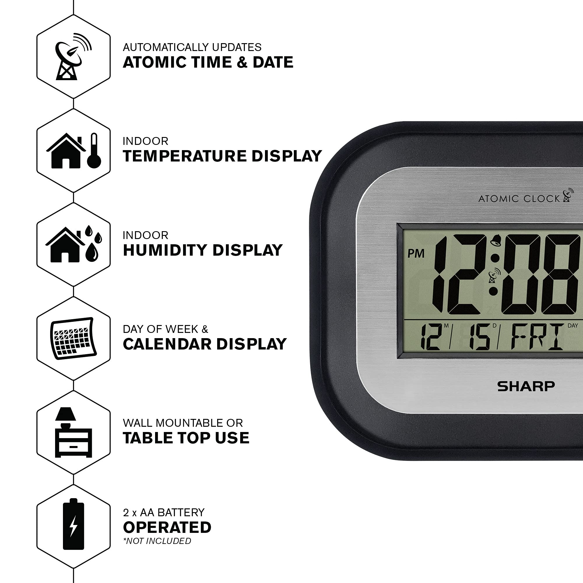 Sharp Digitale Wanduhr, Selbsteinstellende Atomuhr mit Temperatur, Luftfeuchtigkeit und Datum, Batteriebetriebene Digitaluhr Großes Display, Schwarz mit gebürsteten Silberakzenten