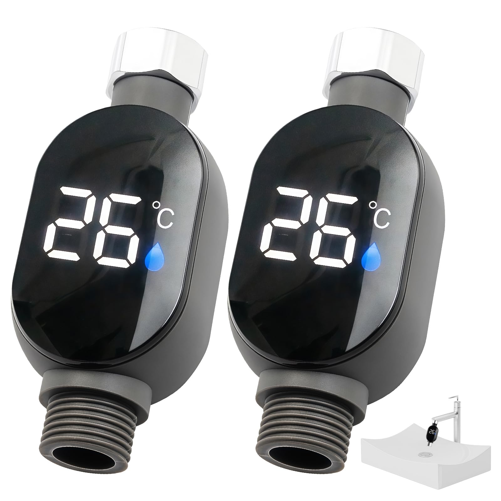 Lot de 2 thermomètres de bain numériques à LED : étanche affichage LED thermomètre de douche 0-99 °C débit d'eau en temps réel thermomètre de bain bébé thermomètre de douche bébé thermomètre d'eau