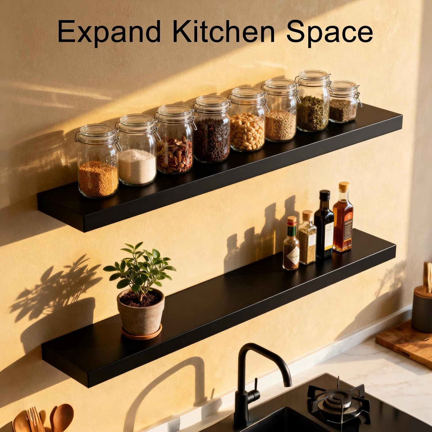 JAMBALAY Floating Shelves for Wall, 16" Wall Mounted Rustic Wood Shelves for Bathroom, Living Room, Bedroom, Kitchen. Hanging Shelf for Books/Storage/Decor (Black, Set of 3)