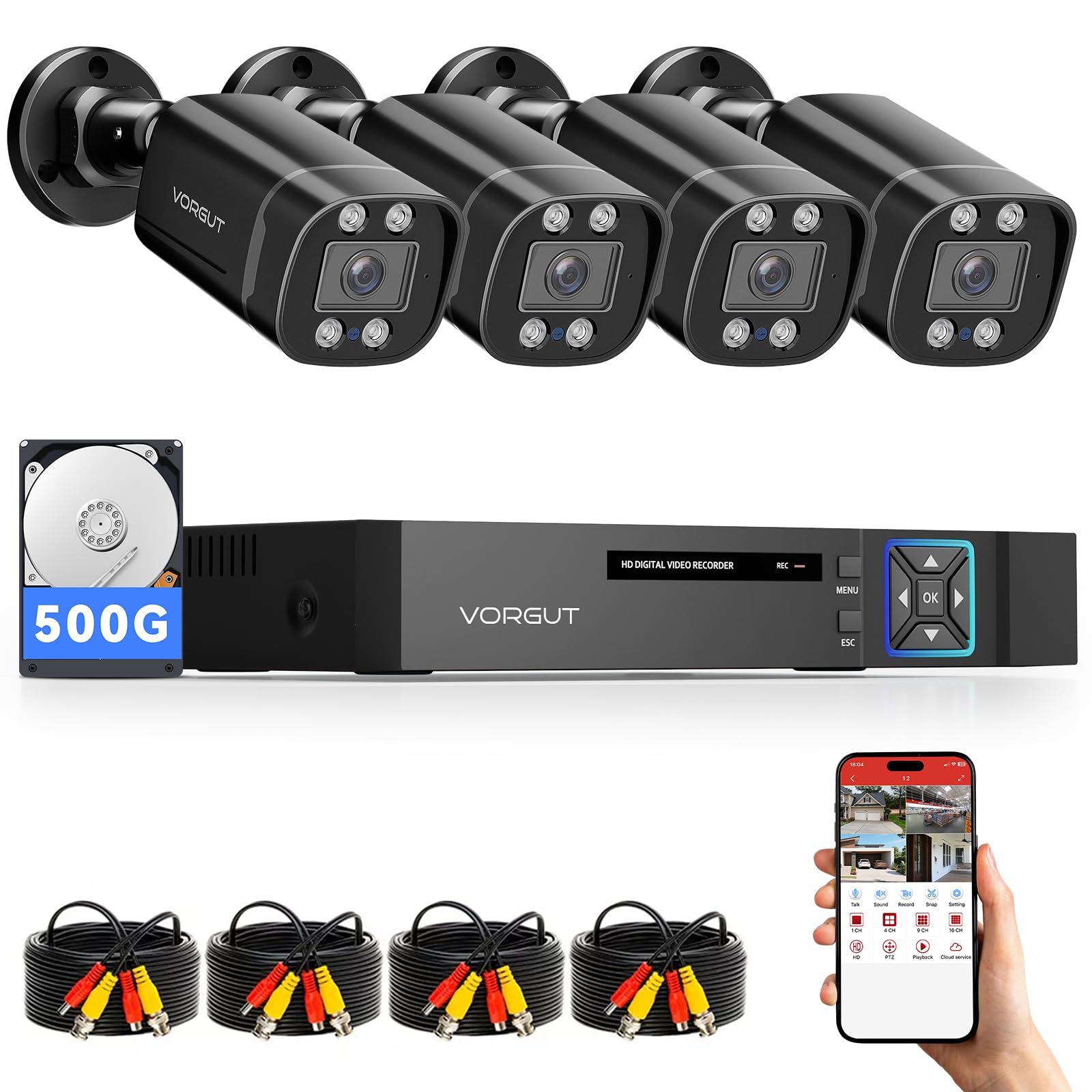 4CH Wired Security Camera System Outdoor,4X 3MP CCTV Camera,500G HDD