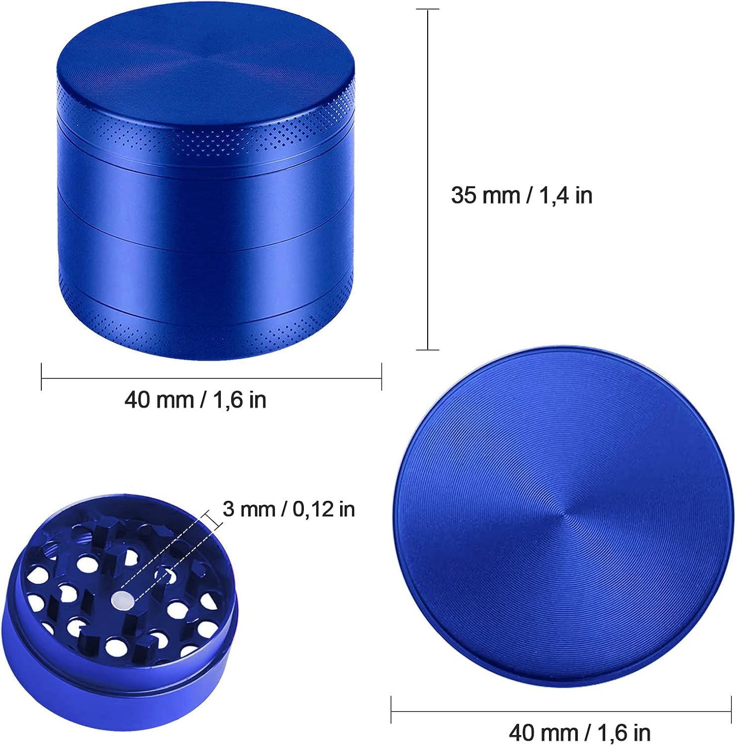 Molinillo de polen, aleación de cinc, molinillo para hierbas, especias, hierbas, café, juego de 4 piezas con raspador de polen, color azul