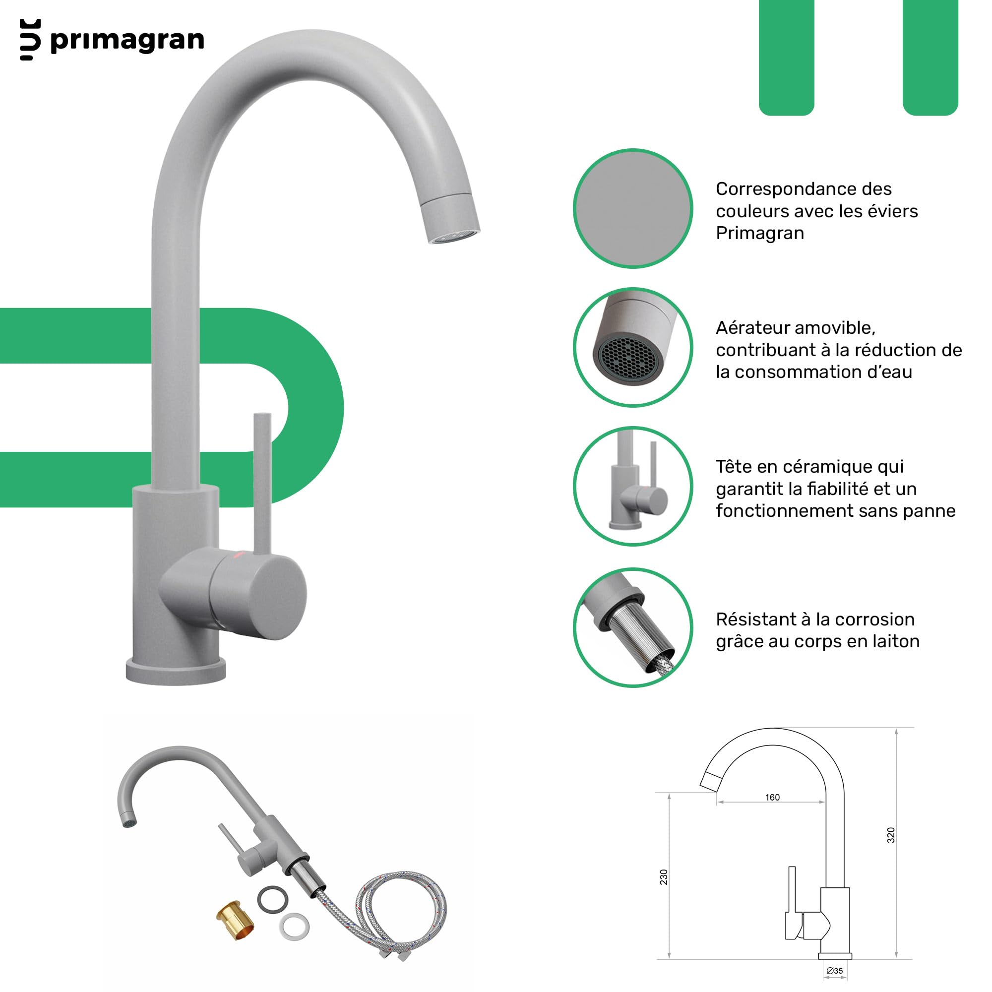 PRIMAGRAN Evier Cuisine en Granit Gris 90x50cm, Lavabo 1,5 bacs + Robinet 32x20cm + Kit de Vidage, Évier à Encastrer au Meuble 60cm - Copenhague Duo S015