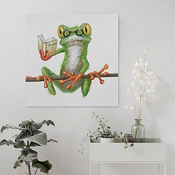 Amazon.co.jp: 絵画 メガネで本を読むカエルインテリア 絵画