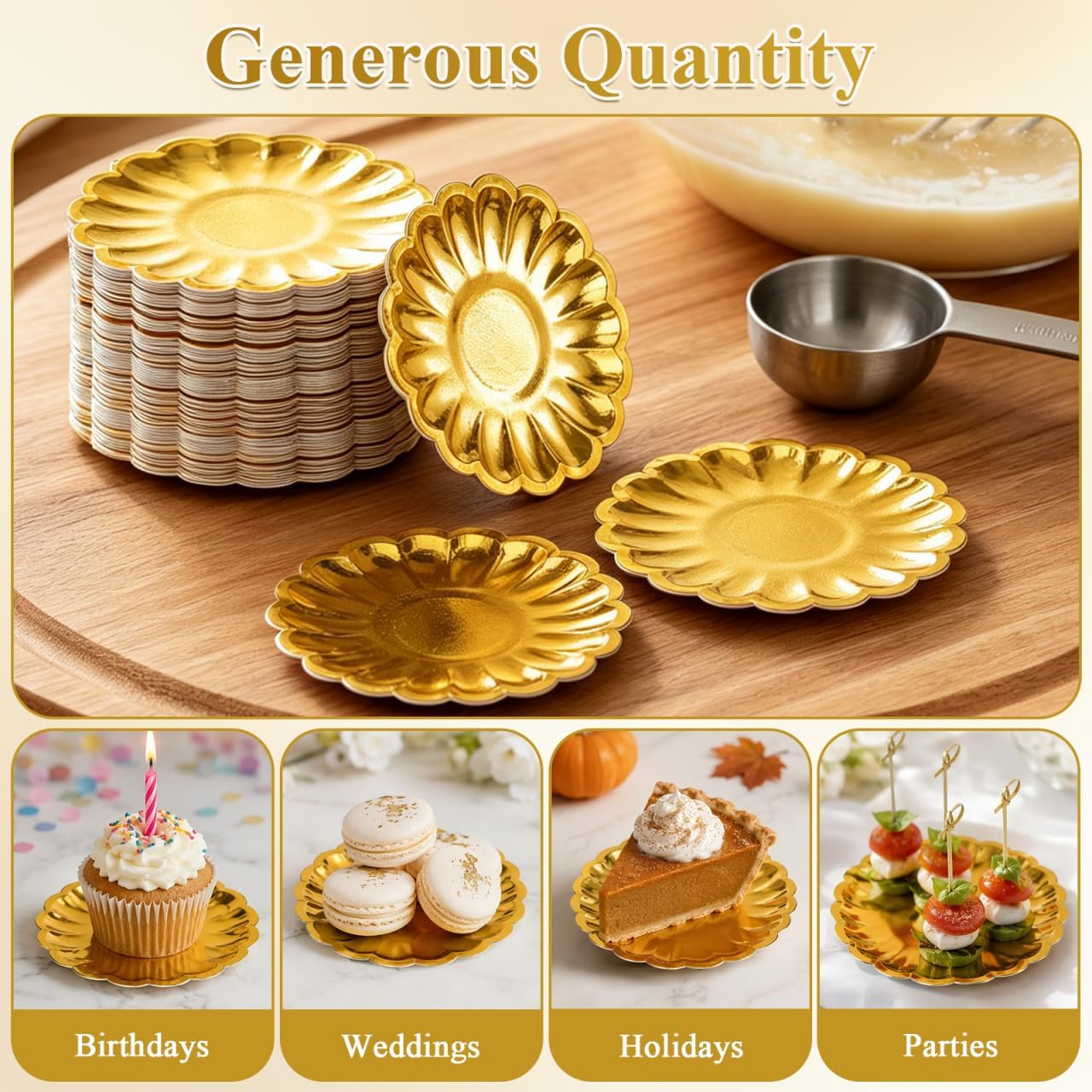 DOITOOL 120 Pcs Mini Dessert Plates 3.5 Inch Gold Paper Plates, Disposable Small Cupcake Trays with Scalloped Rim for Appetizer, Pastry Display, Wedding & Party Supplies
