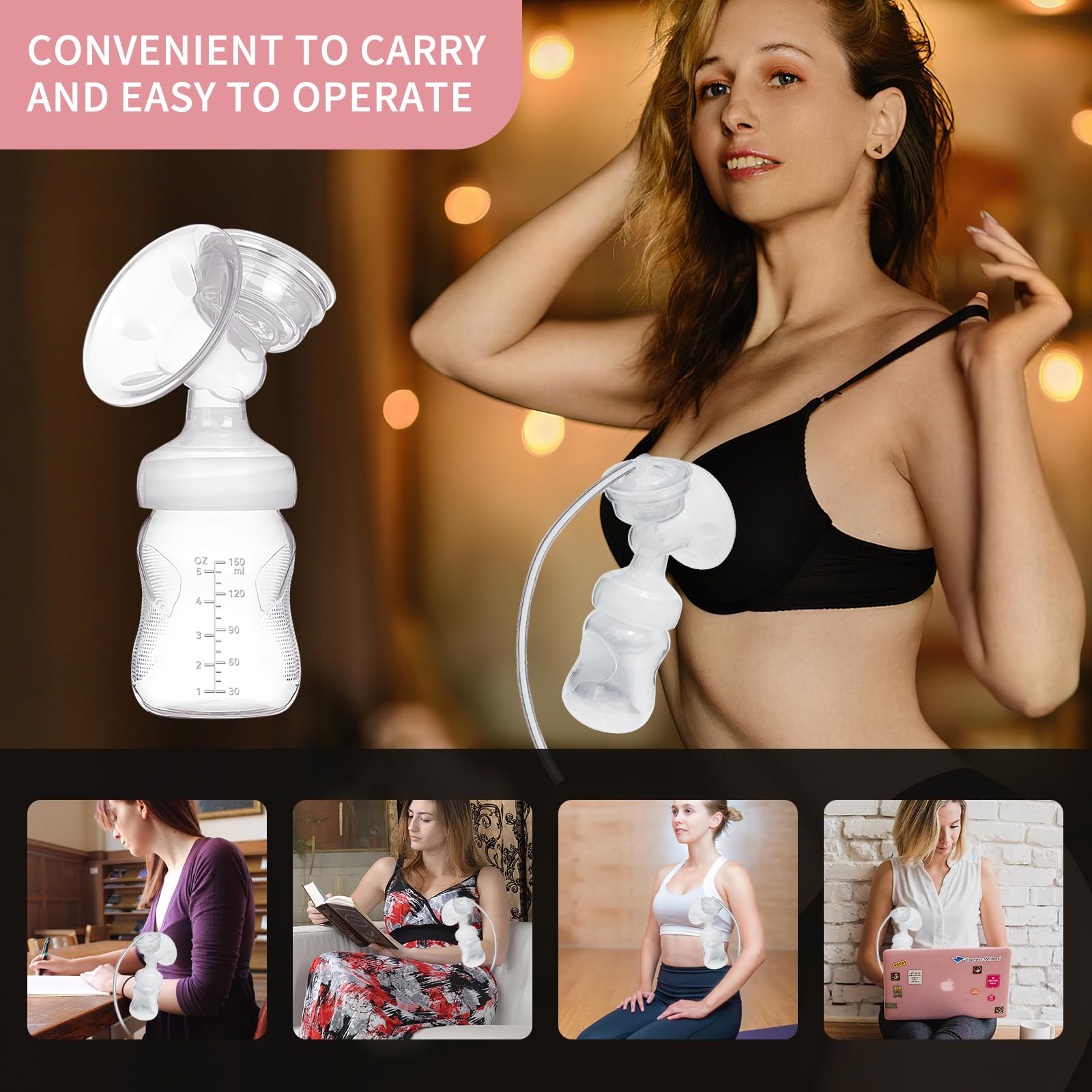 Rabbitcozy Electric Breast Pumps, Automatic Massage Silent Hands-Free Portable Breast Pump for Breastfeeding Suction Milk Breast Collector,Pain Free 2 Modes & 9 Levels(Pink)