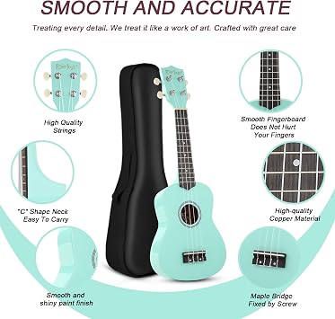 Soprano Ukulele Beginner Kit for Kids Adult Student w/Free Online Lesson 21 Inch Ukelele Gig Bag Strap String Stickers Pick Polishing Cloth, Rainbow Series Ukalalee(Shinny Green)
