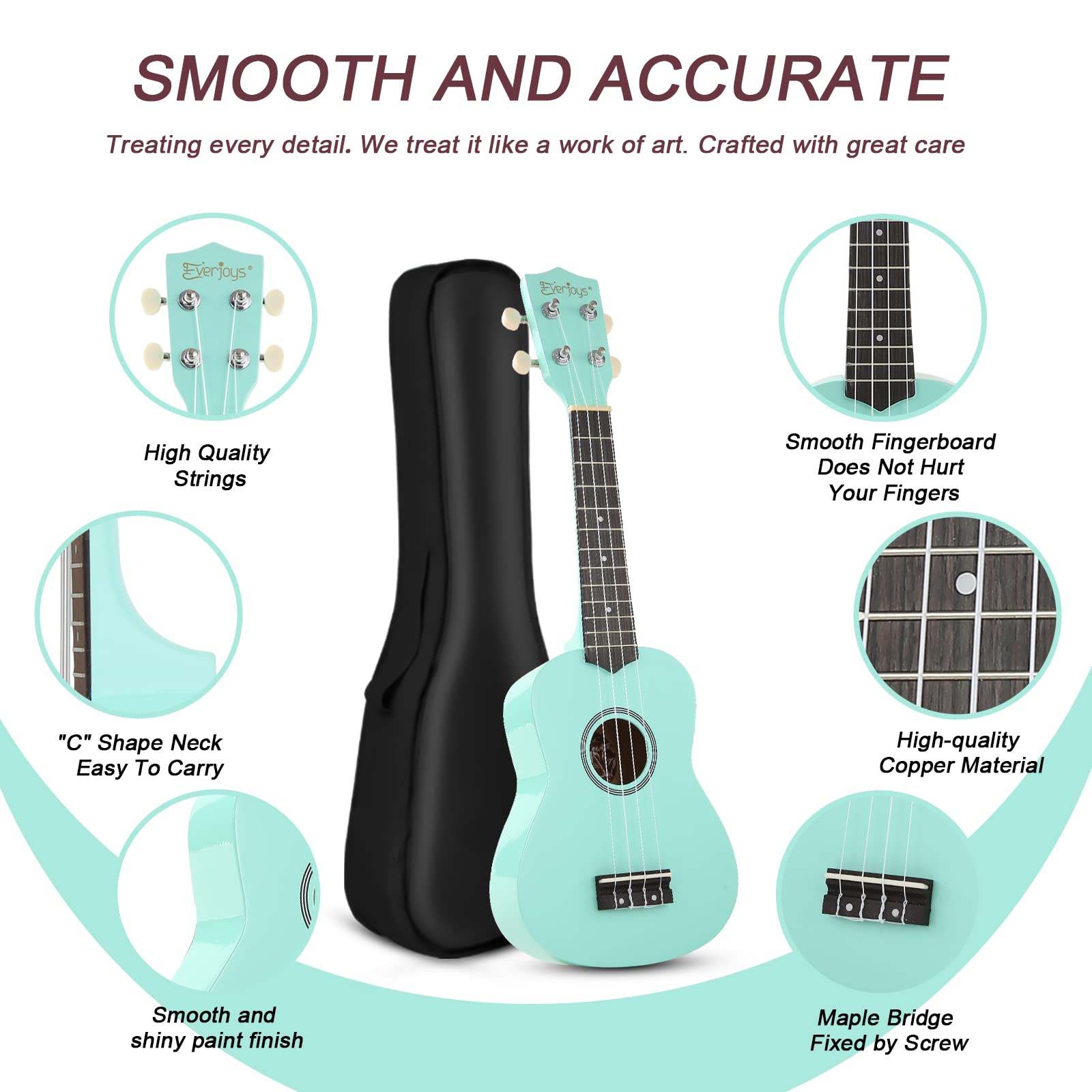 Soprano Ukulele Beginner Kit for Kids Adult Student w/Free Online Lesson 21 Inch Ukelele Gig Bag Strap String Stickers Pick Polishing Cloth - Image 2