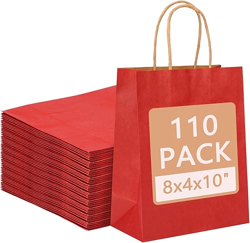 Moretoes 110 bolsas de papel rojas con asas, bolsas de regalo de tamaño mediano de 8 x 4 x 10 pulgadas, bolsas de regalo para el día de San