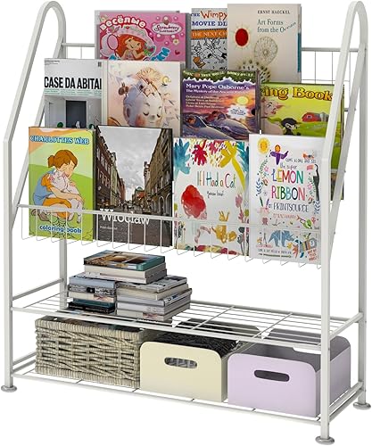 Estantería para niños independiente para habitación de los niños, estantería de metal blanco de 32 pulgadas, organizador de juguetes de gran