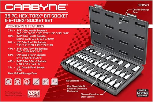 Miniatura 3 de CARBYNE Juego de 36 piezas hexagonales (Allen), puntas Torx y E-Torx | Incluye brocas métricas de 0.079 in a 0.394 in, SAE 1/8 pulgadas - 3/8