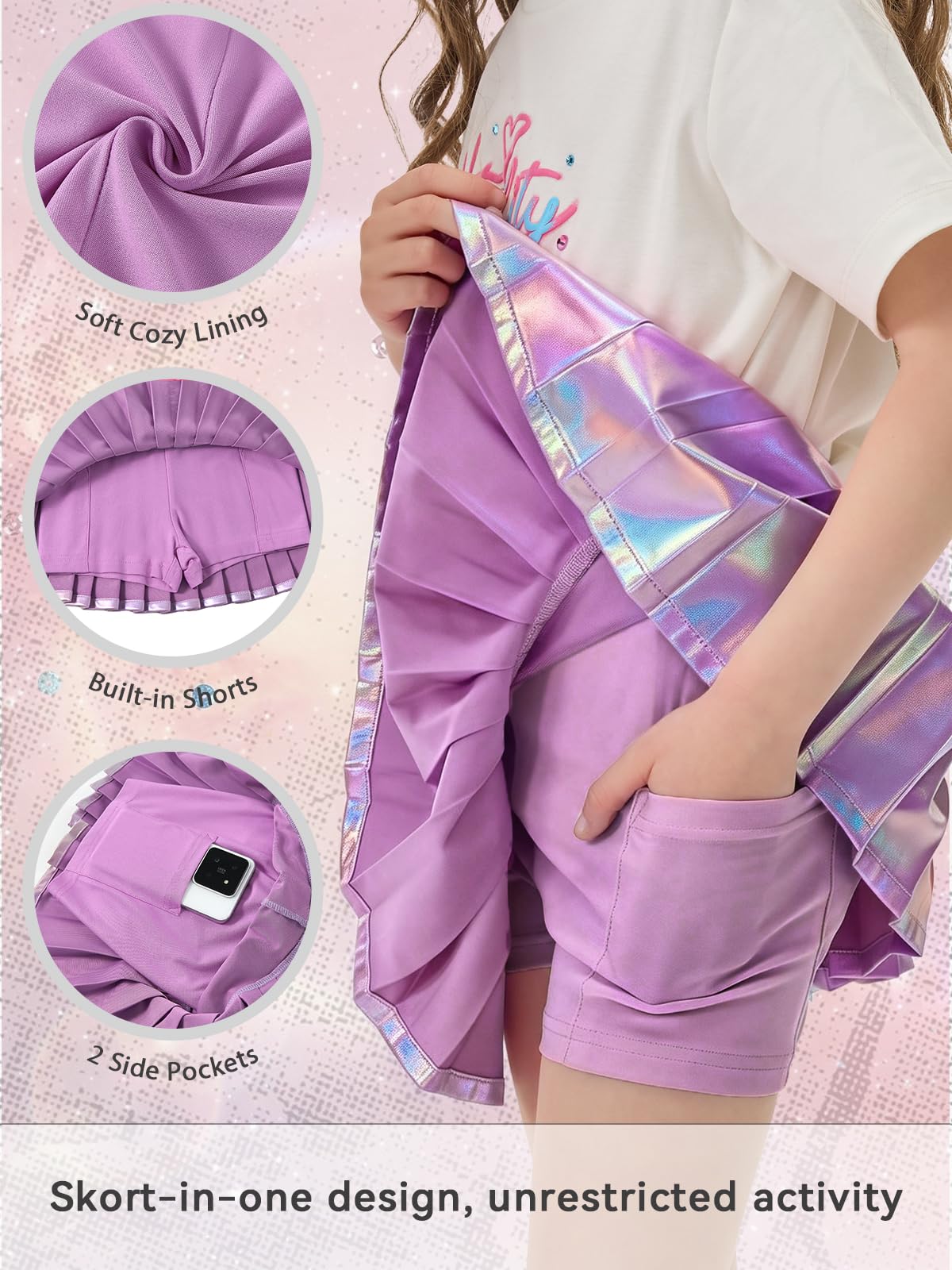 Miipat Gonna Metallizzata Scintillante A Pieghe per Bambina, Plissettata Gonna con a Pantaloncini Interni e Tasche Ragazze Minigonna Lucide Vita Elastica per Bambini Festa Ballo Danza Tennis