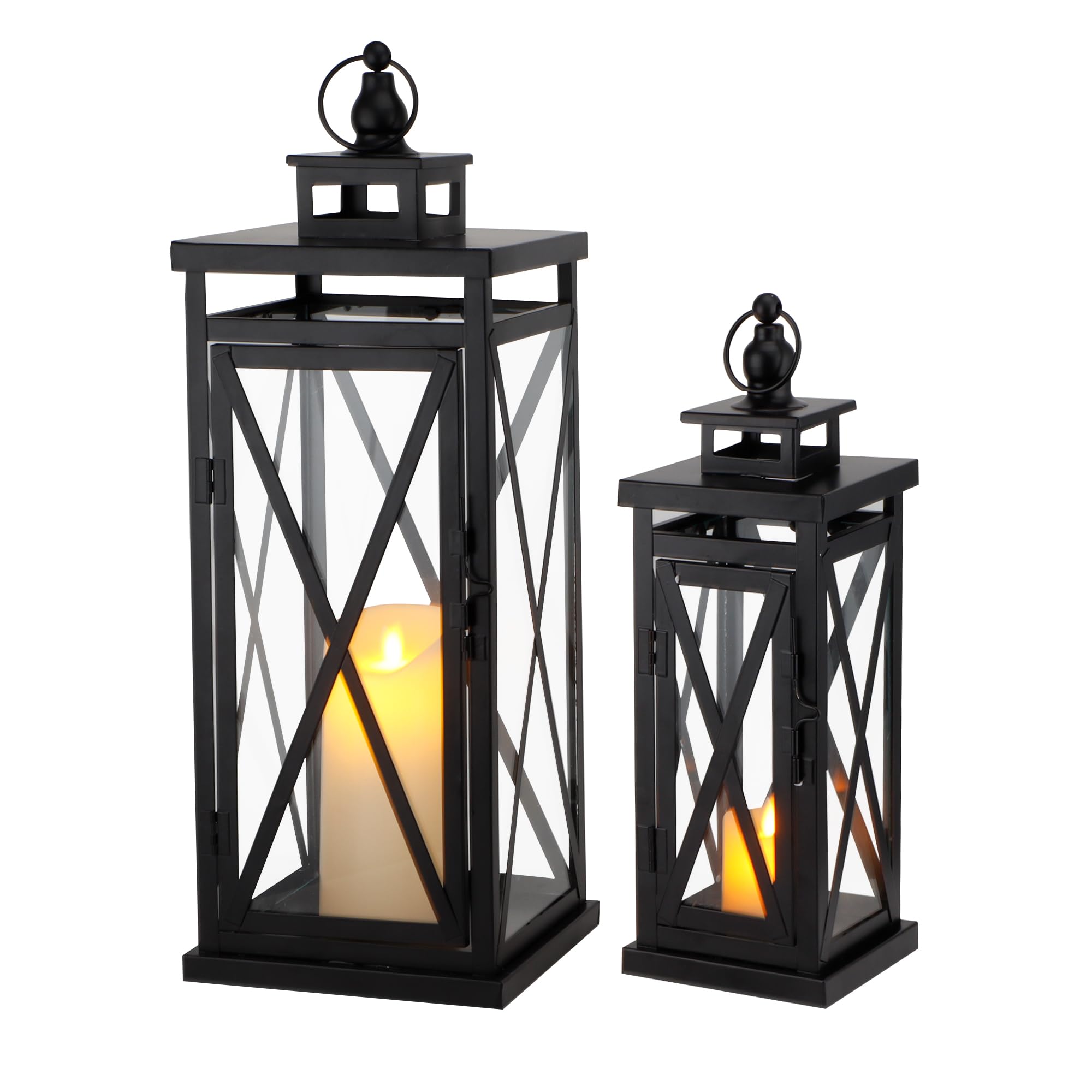 TRIROCKS Zestaw 2 diakoracyjnych lampionów na świece, 50 cm i 28 cm, wysoki metalowy świecznik, wiszące lampiony ze szkła hartowanego, idealne do użytku wewnątrz i na zewnątrz, dekoracja domu, imprezy
