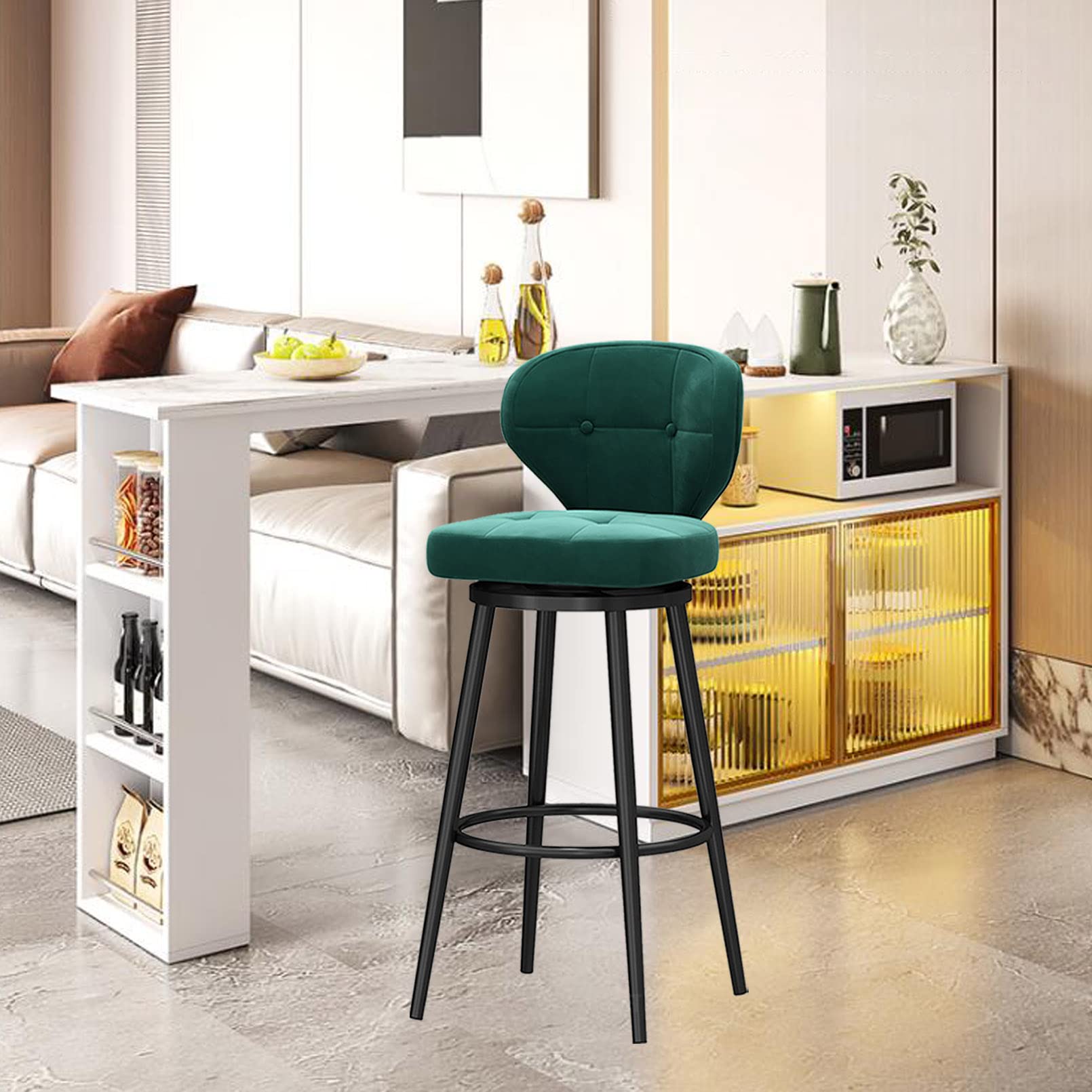LUUYYI Moderno sgabello da bar girevole in velluto bianco con schienale basso e gambe in metallo nero, altezza da banco, sedia da cucina per la colazione a casa, set da 1 (verde, 3 pezzi)